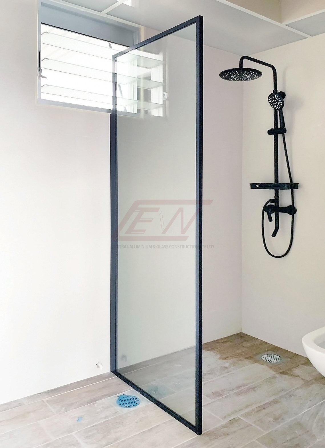 Shower Screen Central Aluminium Glass, Bathtub Fixed Glass Panel Black
